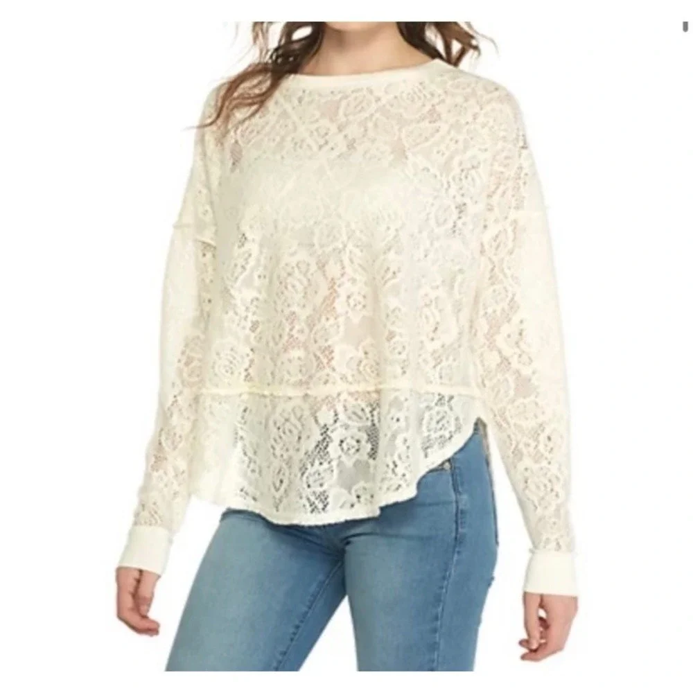 Free People Womens Not Cold In This‎ FloraI Knit Top Ivory Lace Crochet Sz S